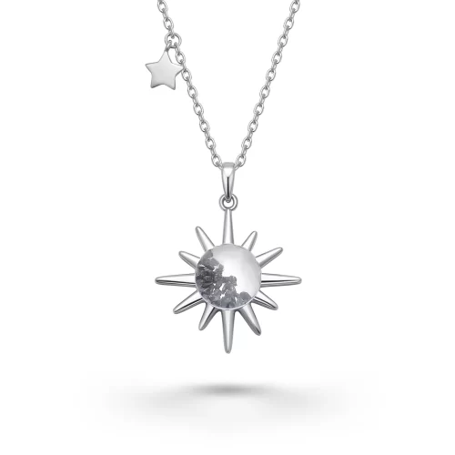 Sterling silver sun-shaped necklace with genuine lunar meteorite dust and fragments