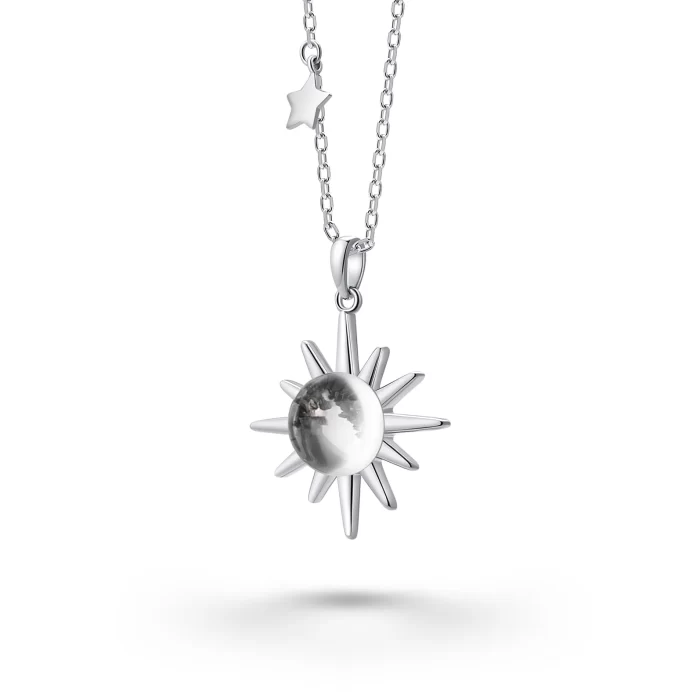 Sterling silver sun-shaped necklace with genuine lunar meteorite dust and fragments