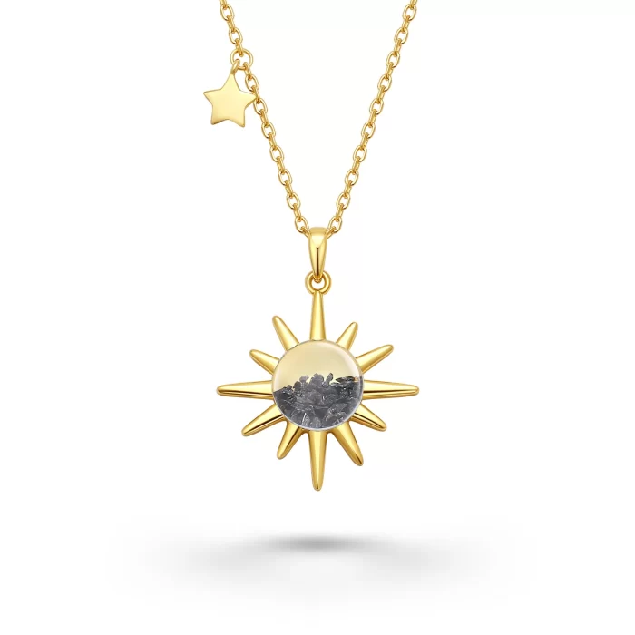 Sun-shaped yellow gold pendant containing genuine lunar meteorite fragments and dust, in 18k yellow gold