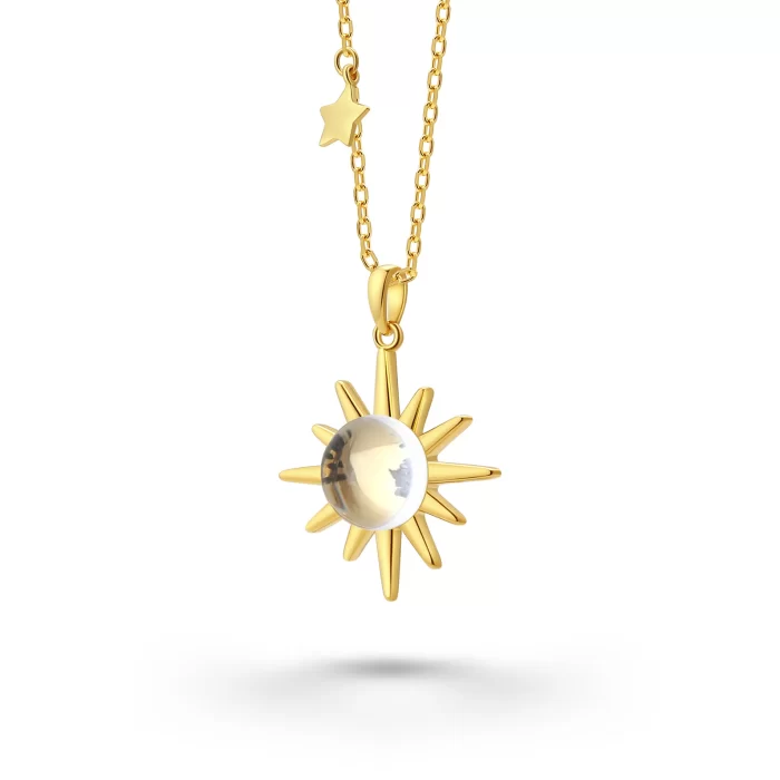 Sun-shaped yellow gold pendant containing genuine lunar meteorite fragments and dust, in 18k yellow gold