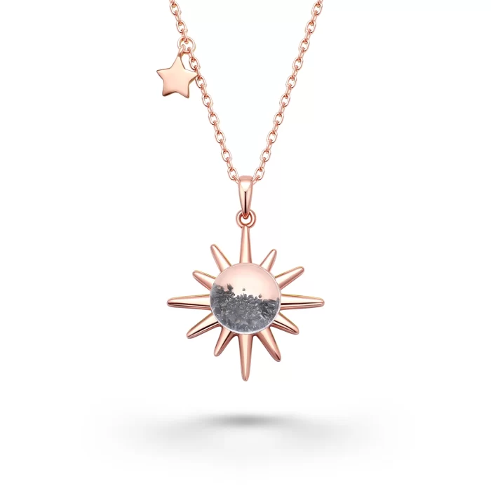 18k rose gold sun-shaped necklace with genuine lunar meteorite dust and fragments