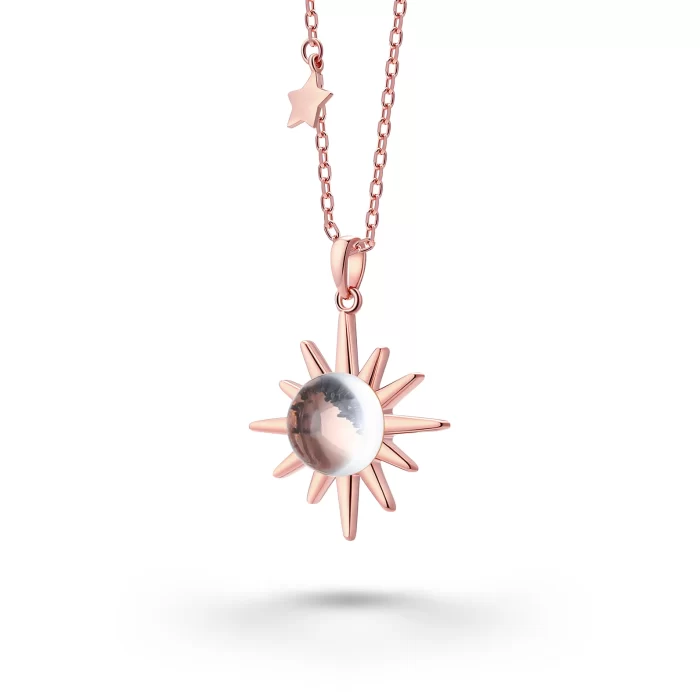 18k rose gold sun-shaped necklace with genuine lunar meteorite dust and fragments